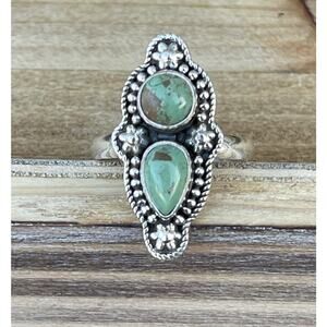 Native Style SW Sterling Silver Green Turquoise 2 Stone Ring Elongated Star 7.25